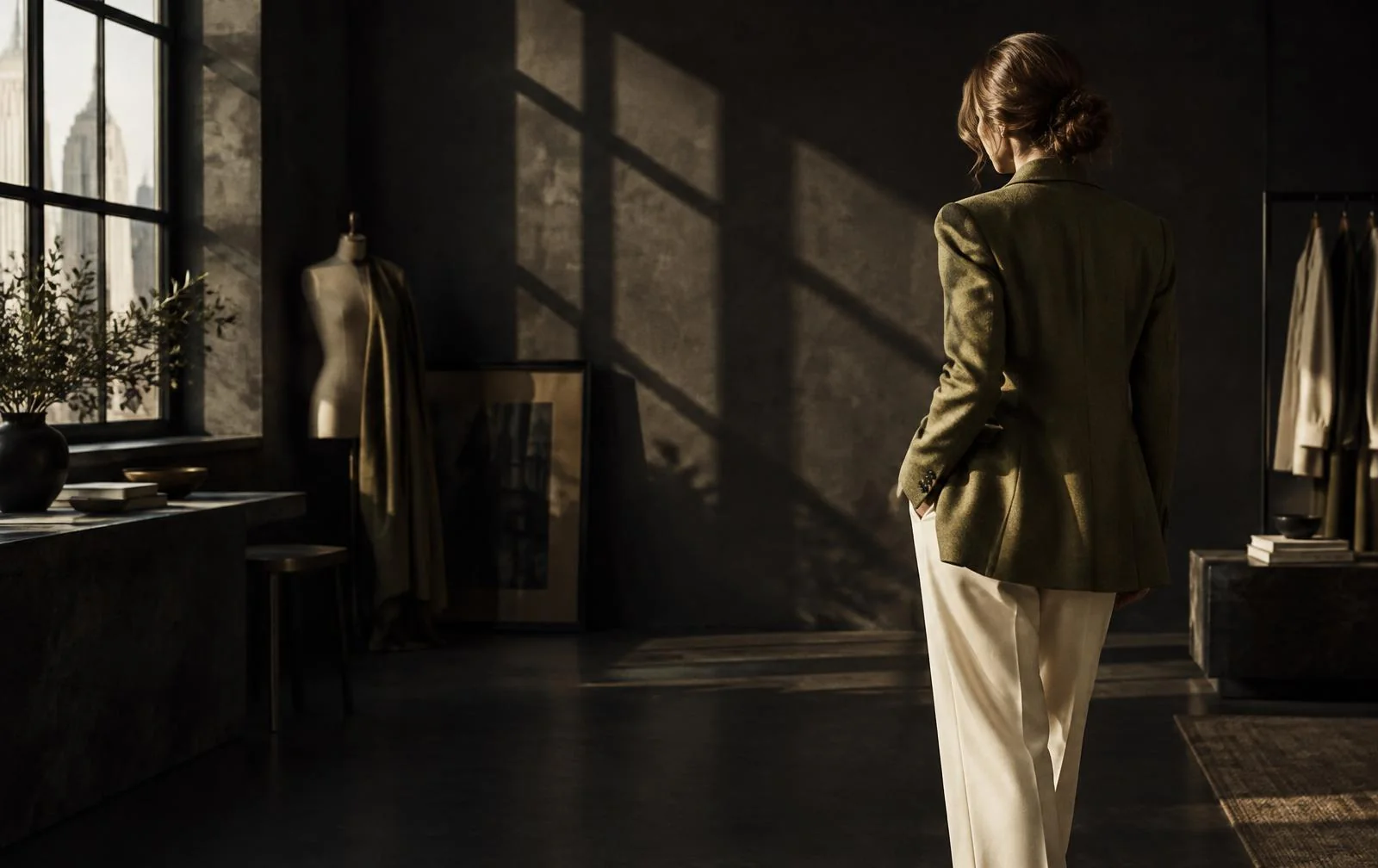 Stylist in an olive blazer in a sunlit atelier